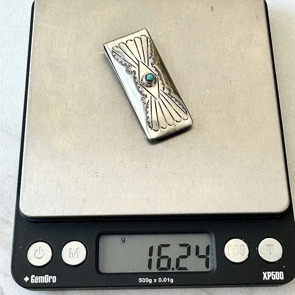 Navajo Concho Turquoise Money Clip Silver 2in Mens Gift Handmade Shirley Skeets